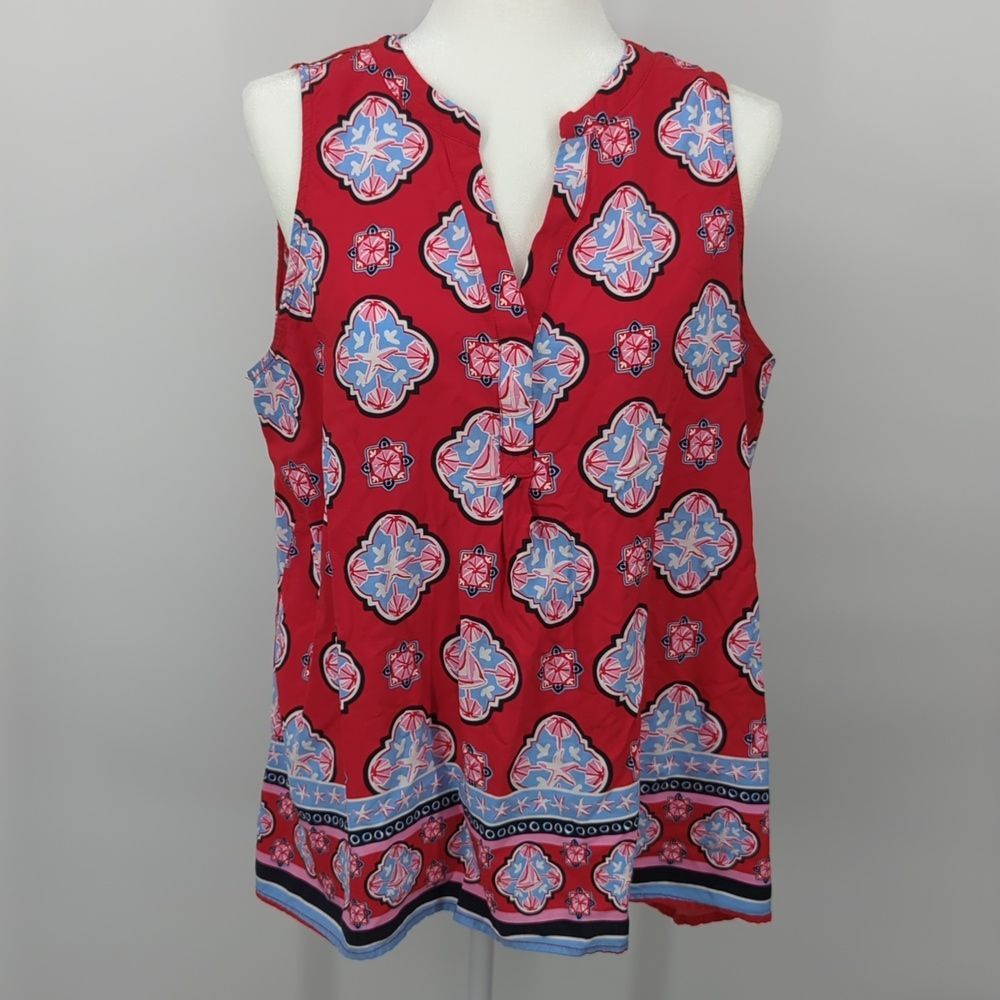 Crown & Ivy Short Sleeve Red V-Neck Blouse Nautical Beach Geometric Pattern XL